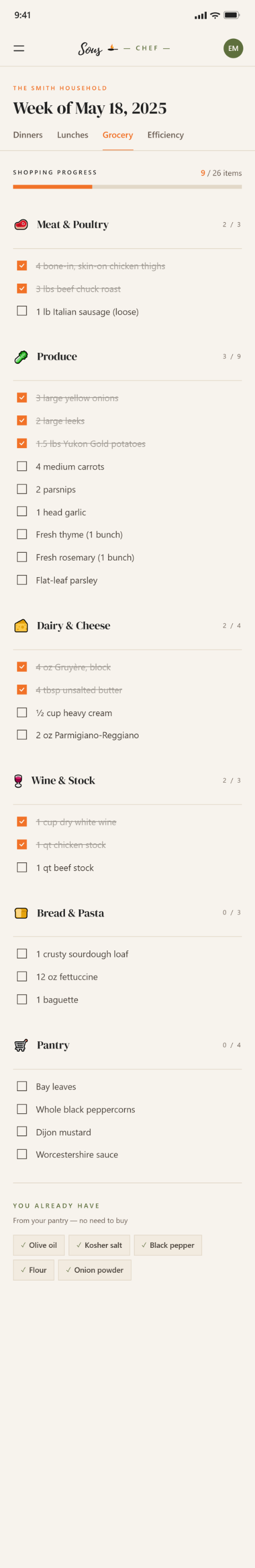 Sous Chef grocery list